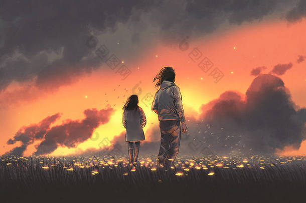 美丽的风景的年轻夫妇站在发光的花朵归档和看日落的<strong>天空</strong>，数字艺术风格，插图绘画