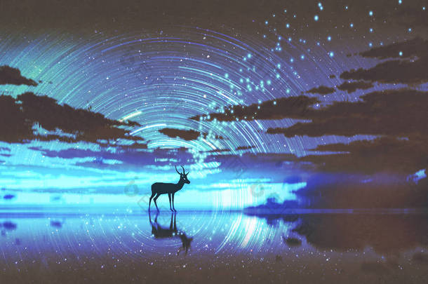 鹿的剪影在水对夜的天空用蓝色光, 数字式艺术样式, 例证绘画