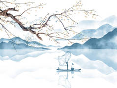 风景图，蓝山，湖与渔夫在船上，开花的树枝，飞鸟群