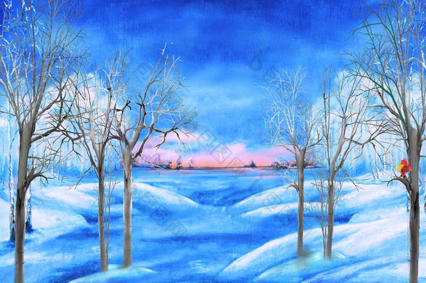 美丽的冬季景观与裸树