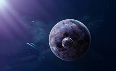 空间场景。紫罗兰色的暗星云和宇宙飞船的两个星球. 