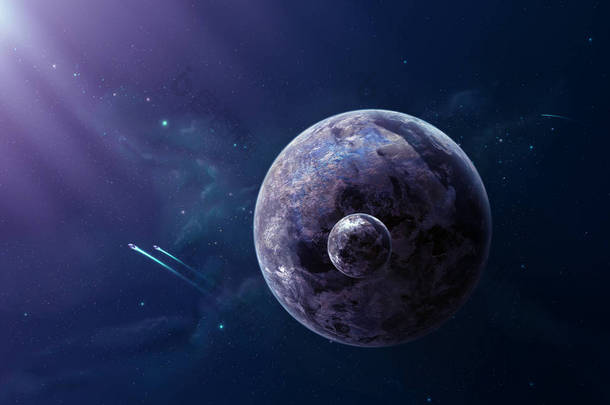 空间<strong>场景</strong>。紫罗兰色的暗星云和<strong>宇宙</strong>飞船的两个星球. 