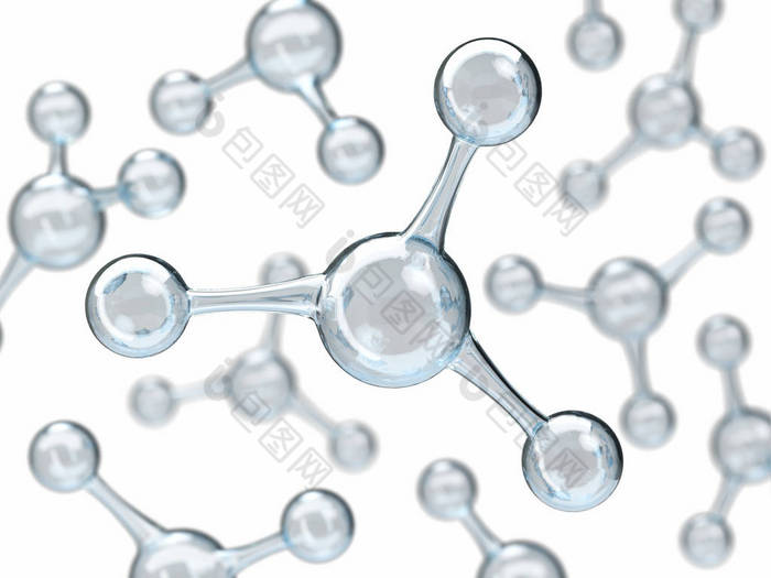 白色背景上的有光泽的分子或原子。摘要清洁水分子结构为科学或医学背景, 3d 呈现说明。结构化学式.