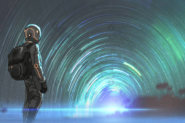 宇航员的科幻场景站在星光隧道入口前, 数字艺术风格, 插图绘画