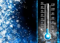 零度以下。冷的温度计、 负温在寒冷的冬天
