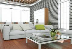 现代明亮客厅室内设计与沙发和木墙