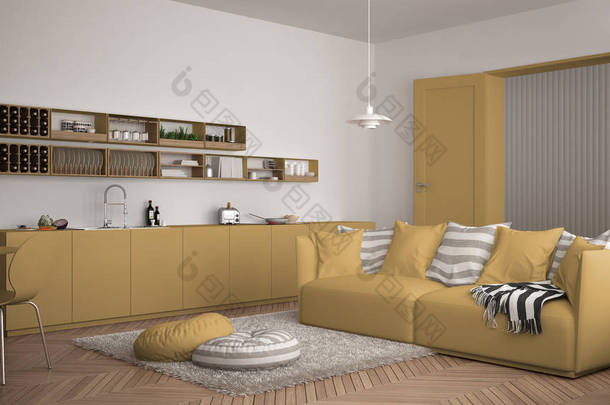 斯堪的纳维亚现代客厅与厨房, 餐桌, 沙发和毯子枕头, 简约的白色和黄色建筑室内设计