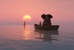 大象和狗在日落时漂浮在小船上