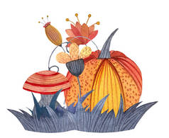 水彩秋橙和灰色花束与花,叶,草,蘑菇和南瓜。万圣节。手绘插图.
