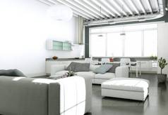 现代明亮客厅室内设计与沙发和灰色墙壁
