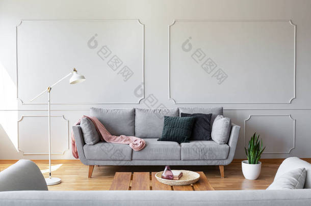 在时尚的客厅内部的灰色沙发上的<strong>深色</strong>枕头和粉红色毯子, 墙上有复制<strong>空间</strong>和造型