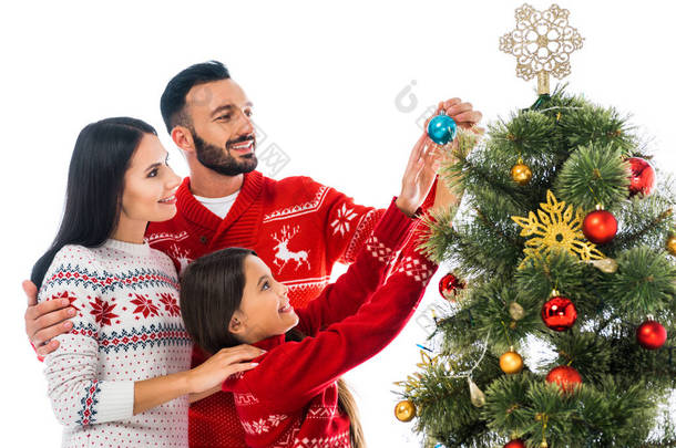 从白色的树上分离出来的正家族装饰圣诞树 