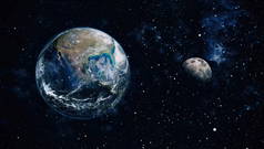 地球和月亮从空间的黑色背景。极其详细的图像, 包括由 Nasa 提供的元素.