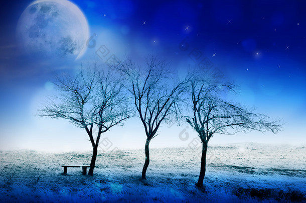 冬天的夜晚童话般场景与月亮、 星星和雪。可以用作圣诞节或新年卡
