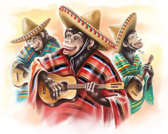 在墨西哥的传统服饰，弹吉他的搞笑猴子。三重奏.