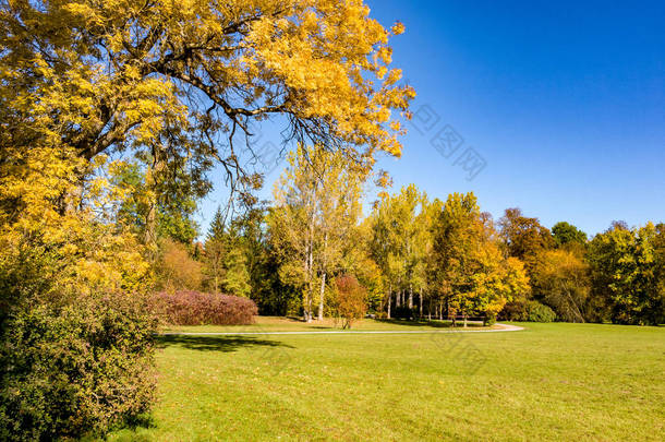 公园秋季景观与秋季彩色树木, 草甸和河流在魏玛, 图林根, 德国