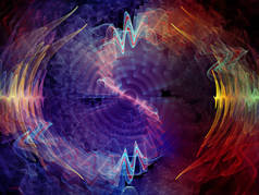 波函数系列。彩色正弦振动、光和分形元素在声均衡器、音乐谱和量子概率问题上的背景组成