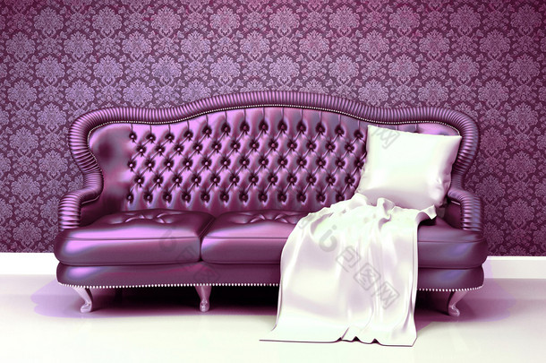 豪华真皮沙发与覆盖在室内装饰和装饰物