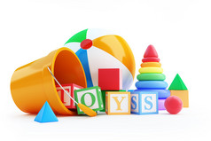 玩具字母表多维数据集、 沙滩球、 金字塔
