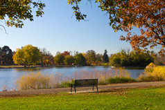 空公园的长凳上，在秋天-丹佛在湖边