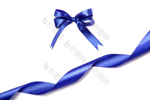 蓝色织物织带和白色背景上鞠躬