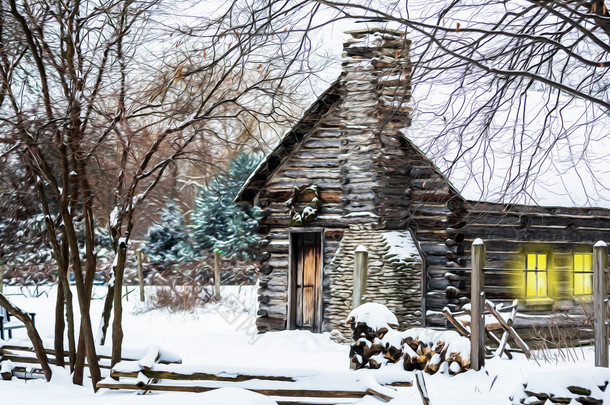 下雪的冬天小木屋