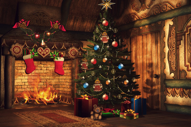 壁炉，圣诞树和礼物
