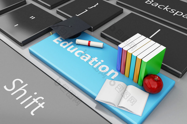 3d graduation cap, books on computer keyboard.