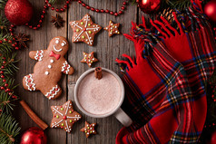 一杯热巧克力或可可，配姜饼饼干和温暖的围巾，皮毛装饰