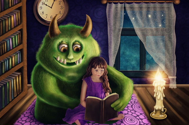 小女孩和一个绿色的怪物