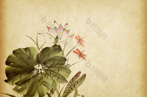 中国绘画的旧纸张背景上的一朵莲花