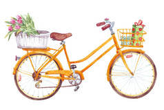 鲜花礼品篮辆黄色的自行车