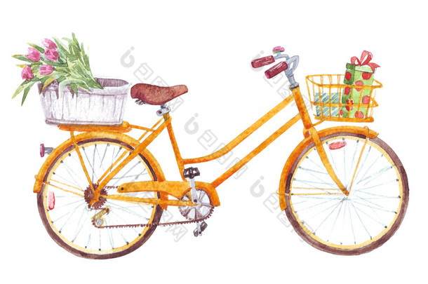 鲜花礼品篮辆黄色的自行车