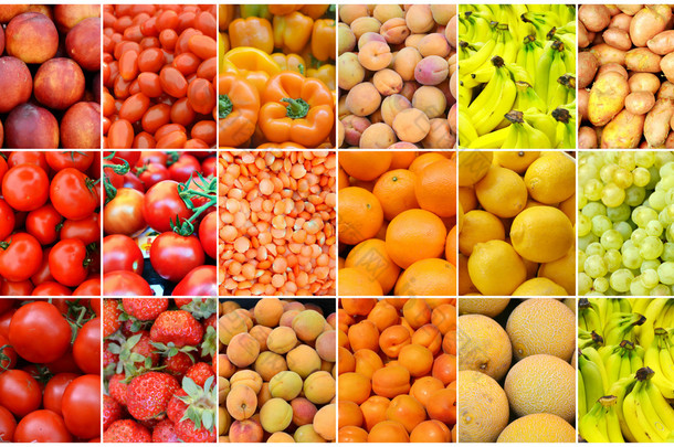 健康有机的红色、 黄色和橙色水果和蔬菜的拼贴画