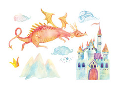 水彩童话集可爱龙、 魔幻城堡、 山与仙女云
