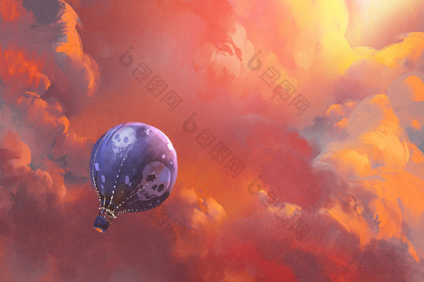 在与红云天空中漂浮的<strong>气球</strong>