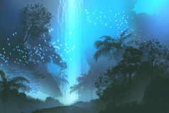 在森林中显示蓝色瀑布夜景