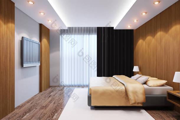 现代设计中的卧室。3d 渲染