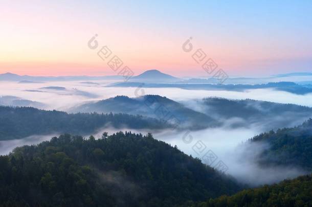 秋天的风景。轻柔的薄雾，壮丽秋天奶油雾以上<strong>森林</strong>。高小山从雾增加
