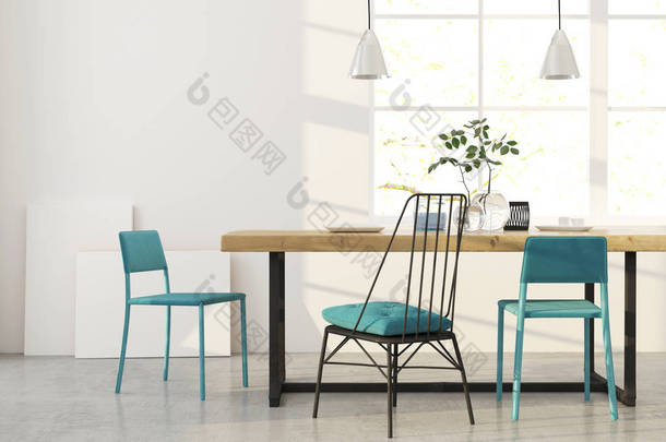 饭厅与蓝色的椅子.