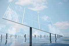 大海、 海洋或河流大太阳能电池板的三维图。光伏电池白云倒影。替代的清洁能源的太阳。电力，生态学，技术电.