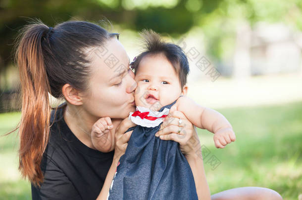年轻的母亲的脸颊上吻她可爱的宝宝