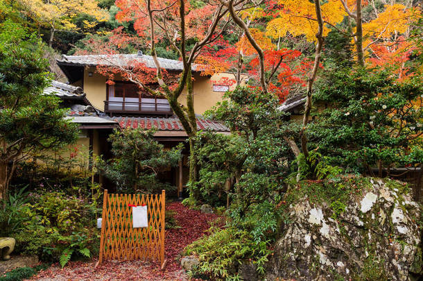 日本房子与秋天的叶子