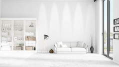 现代室内时尚与白色沙发和 copyspace 在水平排列。3d 渲染.