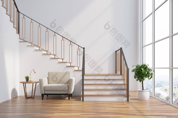白色客厅内部, 楼梯, 扶手椅