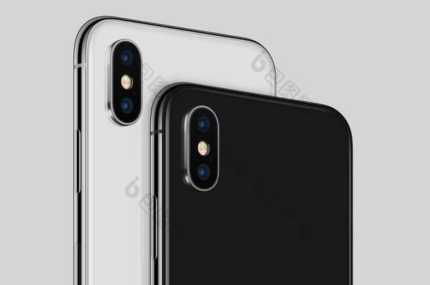 特写白色和黑色<strong>旋转</strong>智能<strong>手机</strong>类似于 iphone X 背面与相机模块裁剪