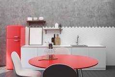 白色和混凝土厨房, 红色桌