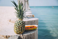  夏季野餐在码头, 热带水果附近的海洋, 木瓜和菠萝