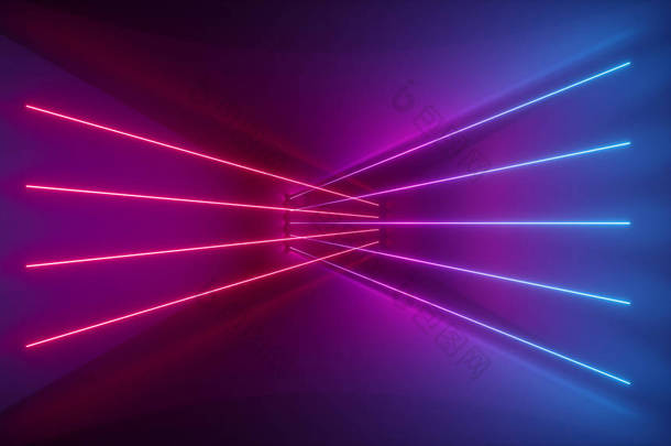 3d 渲染, 发光线, 霓虹灯, 抽象迷幻背景, 紫外线, 粉红色的蓝色鲜艳的颜色