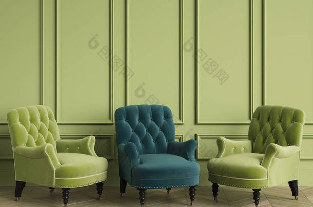 绿椅间的翡翠经典<strong>簇</strong>绒椅正站在空荡荡的房间里。绿色的墙壁和地板实木复合木字形。数字插图。3d 渲染模拟